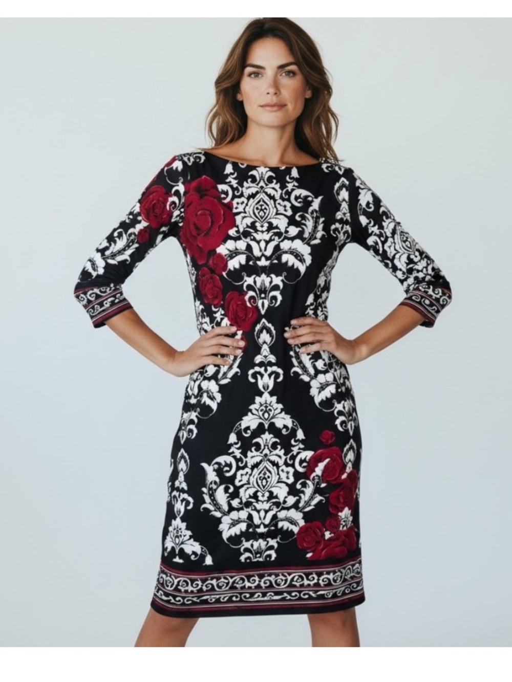 White House Black Market Black Floral-Print Sheath Dress with Red Roses